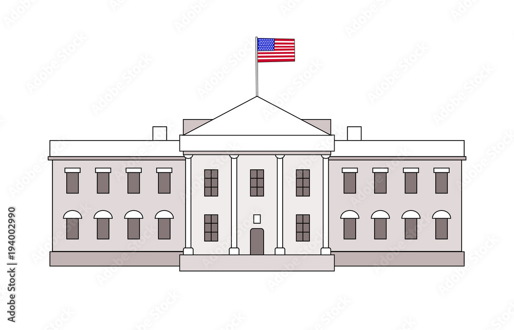 Washington DC White House building outline simple icon with USA flag on