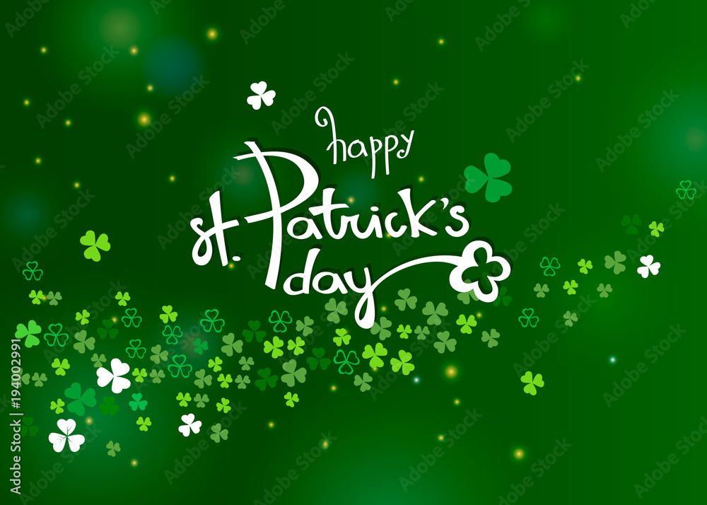 Beautiful clover shamrock leaves banner template for St. Patrick's day design or greeting card. Vector horizontal illustration with white lettering logo, clover and sparkles on green background