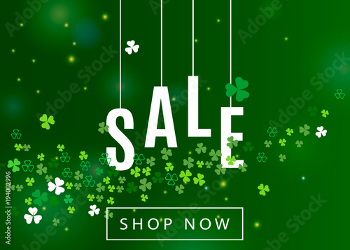 Beautiful ireland background for st. Patrick's day sale poster or banner design. Vector horizontal illustration with clover leaves and white shamrocks silhouette on green backdrop