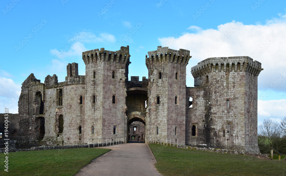 Raglan Castle in Monmouthshire Wales with it's imposing towers