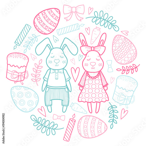 Decorative vector set for a holiday Easter. Rabbits girl and boy, eggs, garland, cake, twigs, bow and other elements for design.