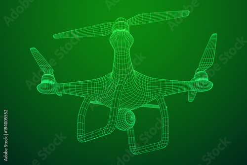 Remote control air drone. Dron flying with action video camera. Wireframe low poly mesh vector illustration