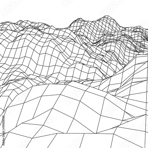 Wireframe terrain vector background. Cyberspace landscape grid technology illustration