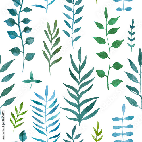 2d hand drawn watercolor seamless background. Colorful olives and lauris branches, leaves. Botanical elements. Pattern for textile, wrapping, branding, invitations isolated on white. © Evorona