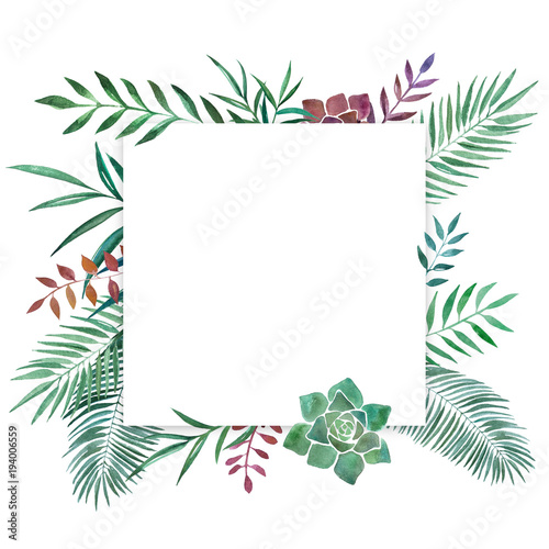 Hand drawn watercolor illustration of differents plants. Decorative graphic frame for wedding branding, invitations, gift card. Isolated on white background. Place for text. © Evorona