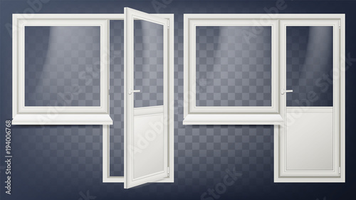 Plastic Door Vector. Home Interior Door And Window. Opened And Closed. Plastic Glass Door. Energy Saving. Isolated Illustration