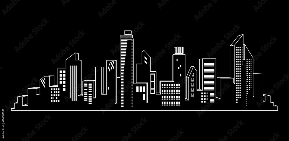 Vector black cities silhouette icon set on black. Night city lights