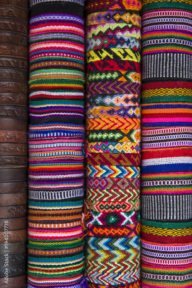 Colorful traditional Bolivian fabrics on the market