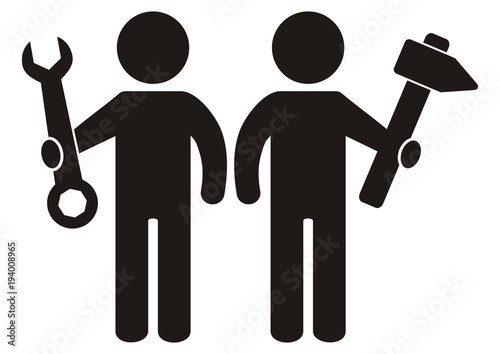 Two figures with tool, hammer and wrench, black silhouette of men, vector icon