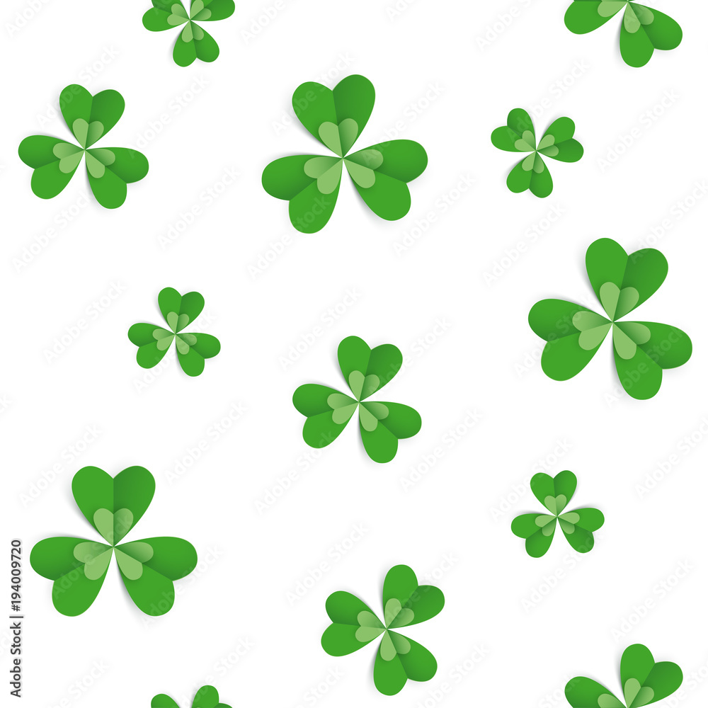 Seamless pattern with clover leaves for St Patrick's Day party. Paper cut style vector illustration. Green and white colours