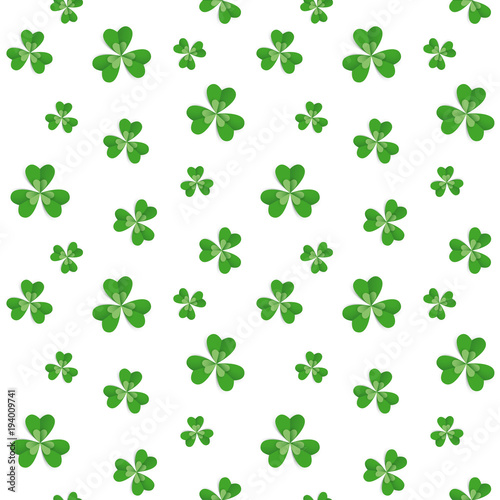 Seamless pattern with clover leaves for St Patrick s Day party. Paper cut style vector illustration. Green and white colours