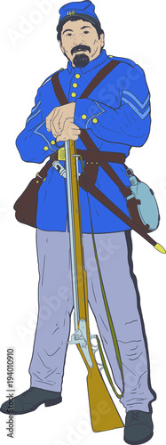A soldier of the times of the US Civil War in uniform is leaning on his gun