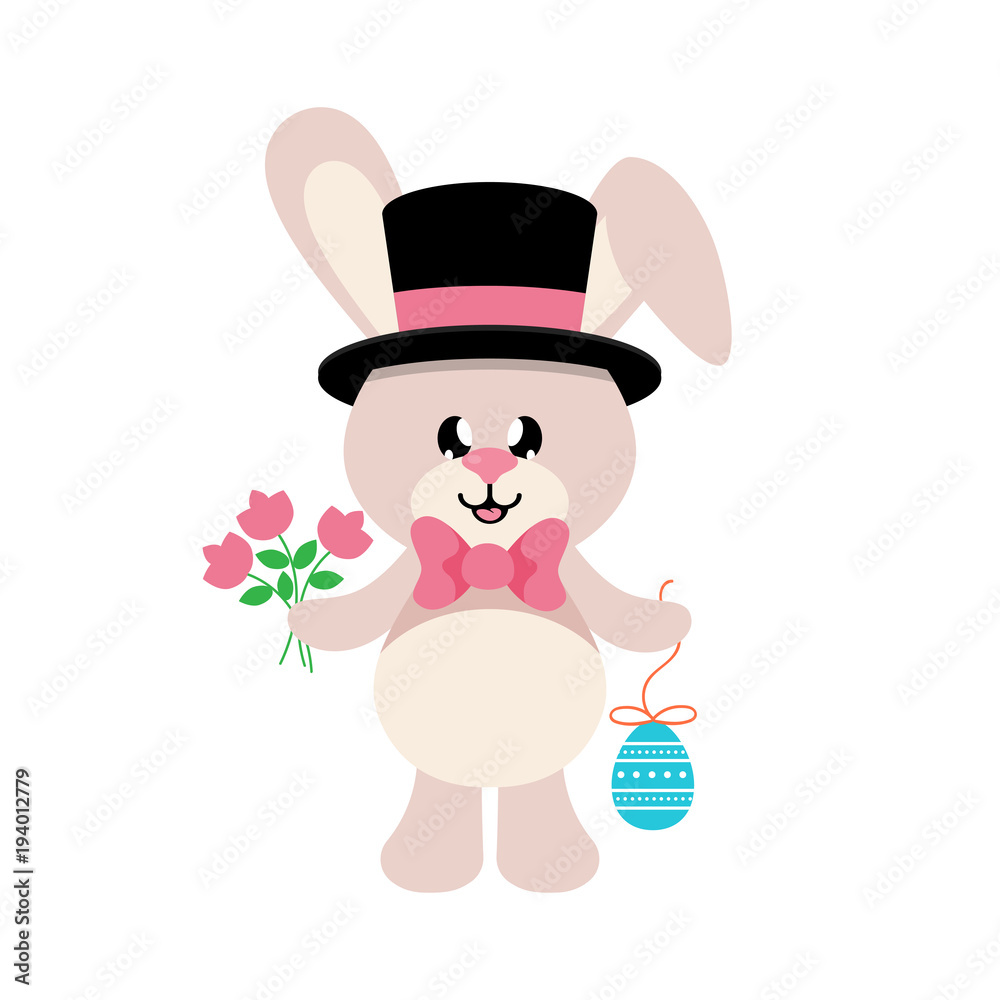 Fototapeta premium cartoon easter bunny with tie and hat and with easter egg and flowers