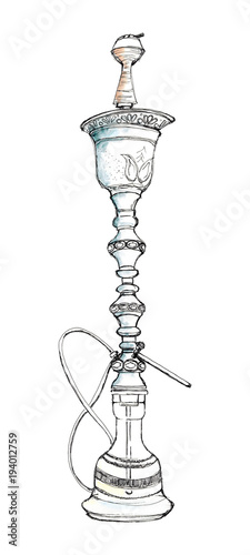 Watercolor hand drawn illustration sketch of hookah isolated on white art