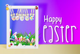 Easter eggs with grass and spring flower on frame with open space for your text. Happy easter vector design.
