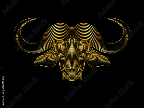 Graphic print of stylized gold buffalo on black background. Linear drawing.