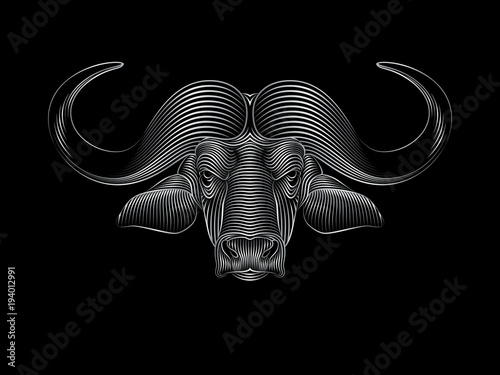 Graphic print of stylized silver buffalo on black background. Linear drawing.