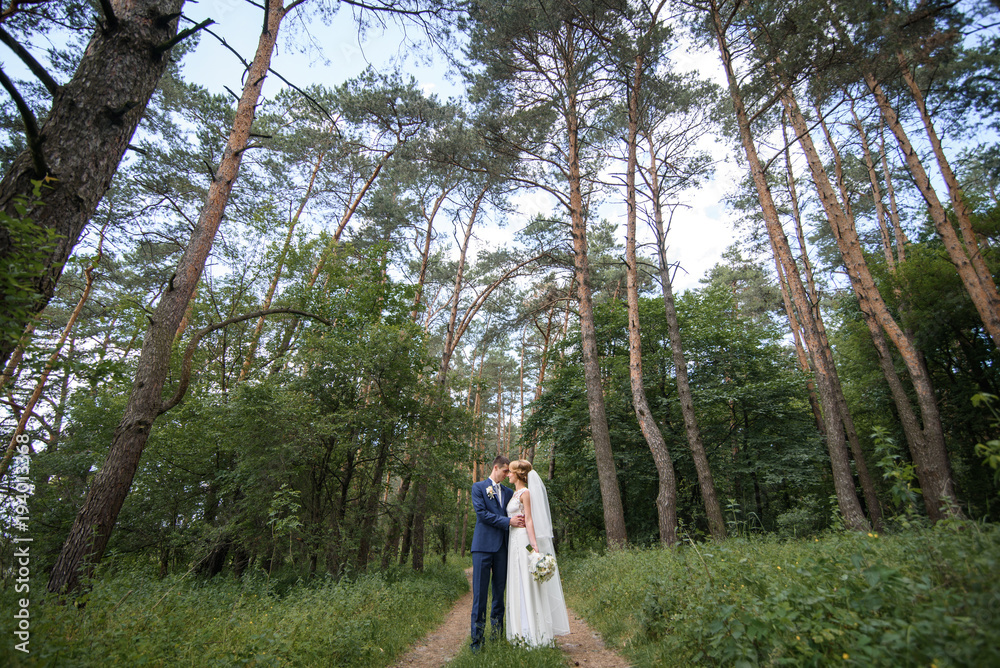 The first kiss of a newly formed wedding family. Beautiful bride and handsome man groom kissing in a forest