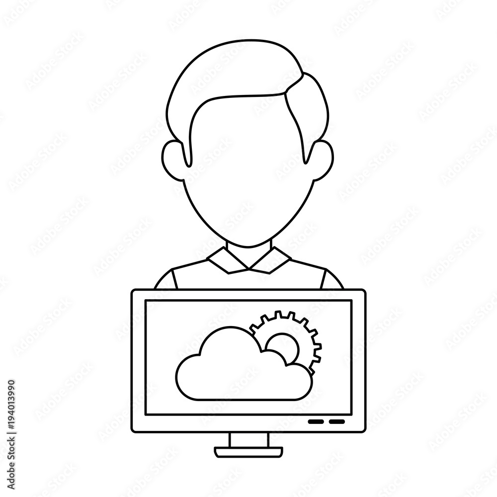 computer display with cloud computing and user vector illustration design