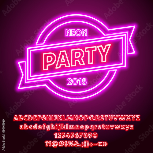 Vector pink Neon glowing Party sign. Set of cool led Alphabet Letters, Numbers and Symbols