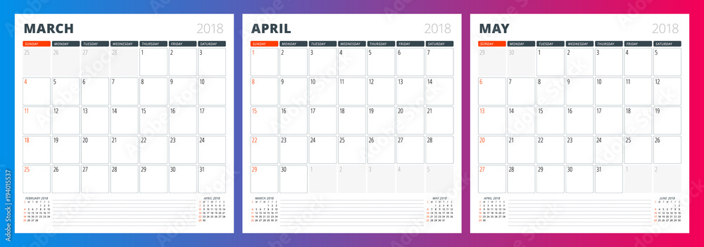 Calendar planner template for spring 2018. March, April, May. Design print vector template - obrazy, fototapety, plakaty 