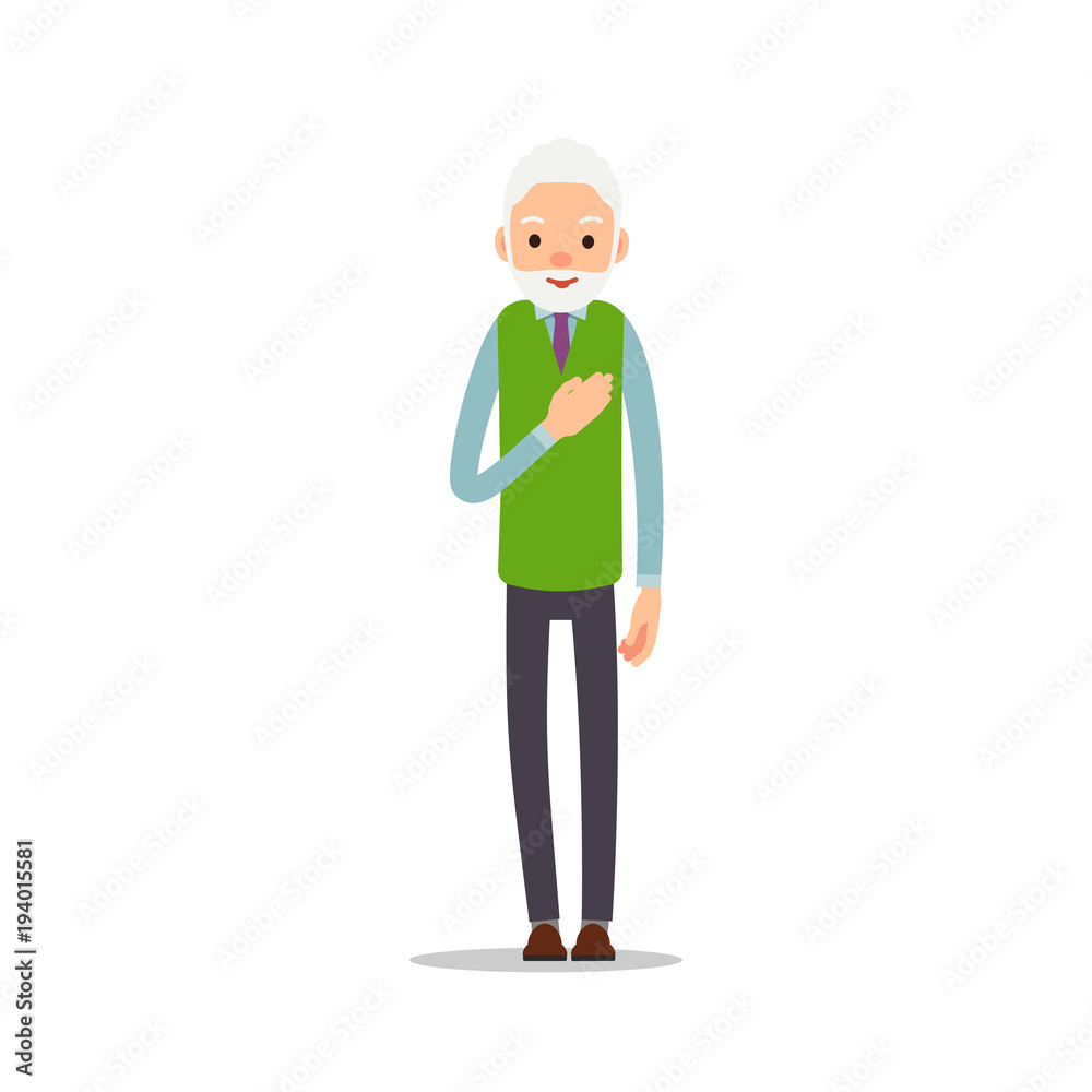 Old man. Elderly man is stand and holds his hand in region of heart. Cartoon illustration isolated on white background in flat style. Full length portrait of old human, senior or grandfather