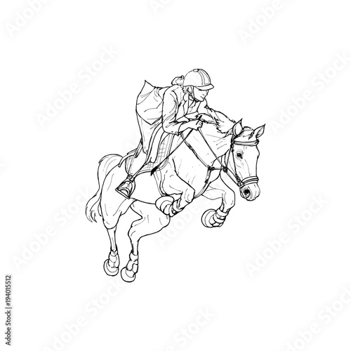 Female rider - jumping horse outline black and white