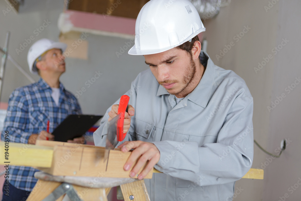 young workman using handsaw senior colleague assessing site young workman using handsaw senior colleague assessing site