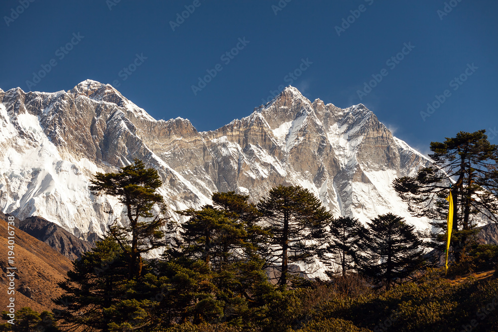 view of Everest and Lhotse with beautiful clouds, Khumbu valley, Solukhumbu, Nepal Himalayas