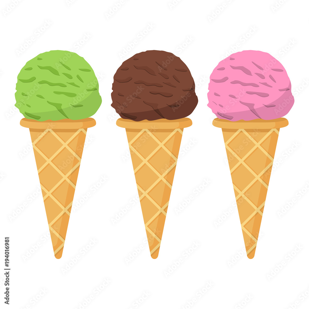 Pistachio, strawberry, chocolate ice cream balls in a wafer cup in flat style a vector.Sugar ice cream cone.Design element for cafe, restaurants, the websites.Summer dessert