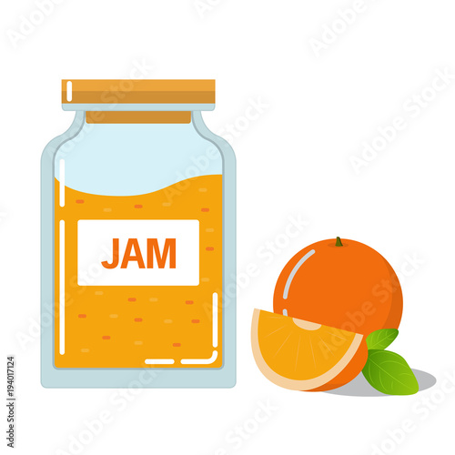 Orange jam in a glass jar. Homemade delicious preparations for the winter. Conservation jam. Fresh fruit of orange and segment. In flat a vector. Sweet food.Preserves of foodstuff.A dessert to tea