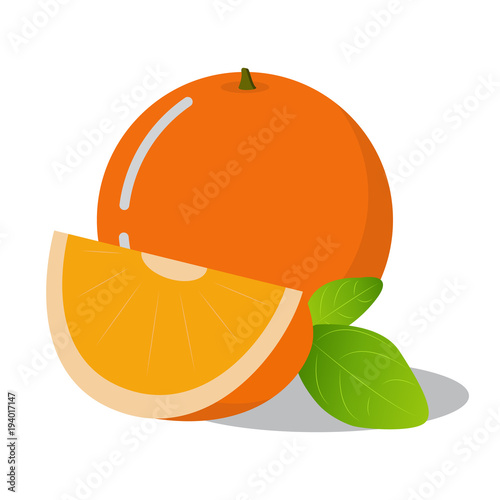 Orange fresh sweet fruit slices of oranges food.Tropical summer citrus.Ripe ripened organic juicy halves fruit green leaves.Design websites vegeterianets and healthy natural food.Flat vector icon.
