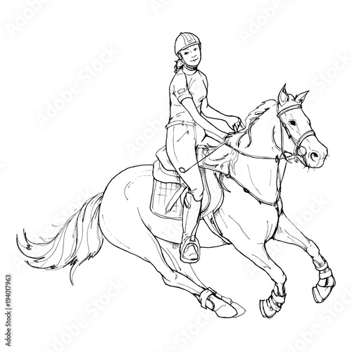 Female rider - jumping horse outline black and white © Yuliya
