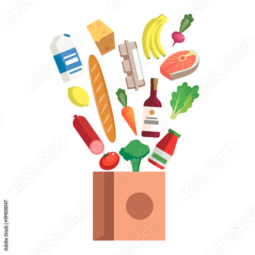 Grocery shopping - a paper bag with different foods and beverages. Vector illustration in flat style, design template