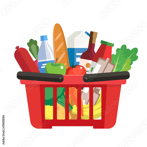 Grocery basket - a shopping basket with different foods and beverages. Vector illustration in flat style, design template photo