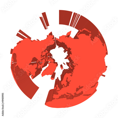 Earth globe model with red extruded lands. Focused on Arctica and North Pole. 3D vector illustration.
