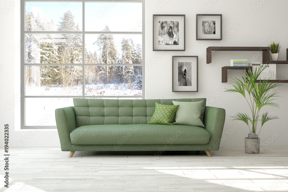 White room with sofa and winter landscape in window. Scandinavian interior design. 3D illustration White room with sofa and winter landscape in window. Scandinavian interior design. 3D illustration