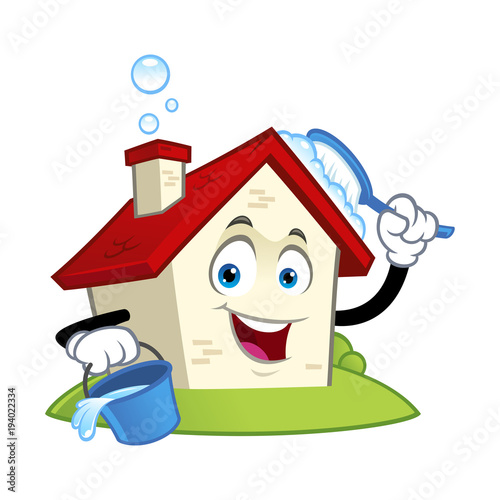 Funny house character with a cleaning brush in his hand