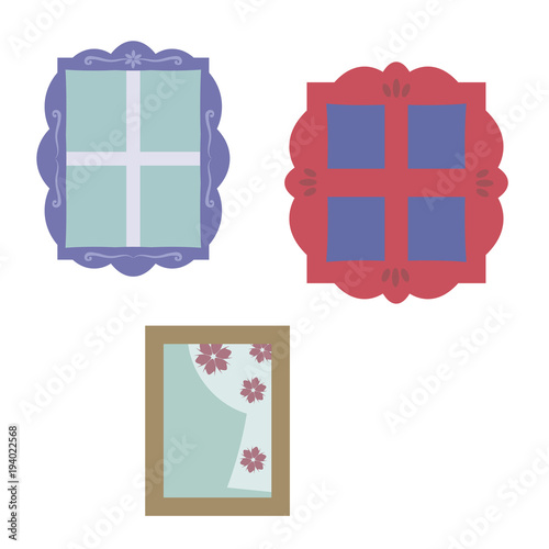 Windows with wooden different colored figured frames with carvings