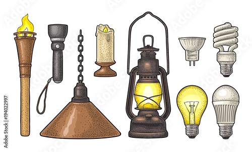 Set lighting object. Torch, candle, flashlight, different types electric lamps