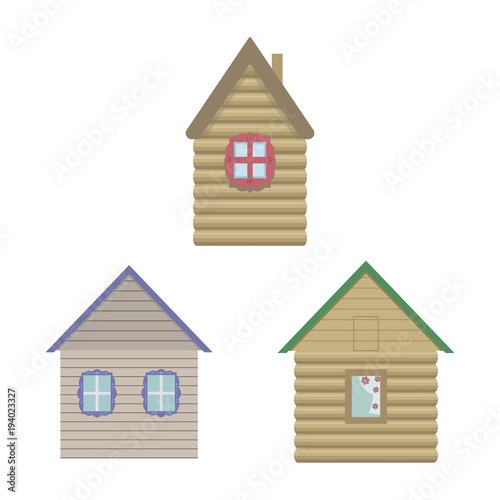 vector brown light cute wooden houses with windows and multi-colored roofs