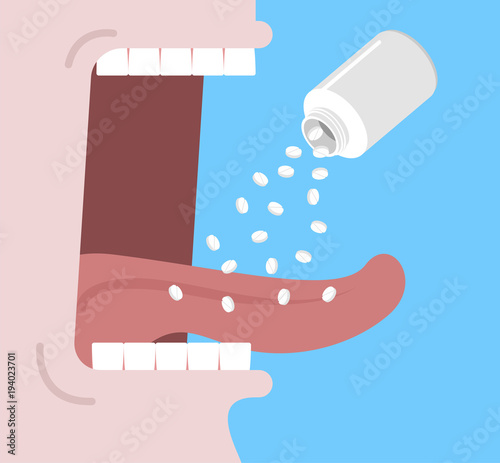 Pour out pills in mouth. from an open plastic jar. Tablets in tongue. Container for medicines. treatment