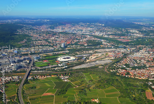 Stuttgart - June 11, 2017: Closer Aerial view of Stuttgart area and soccer stadium, south germany on a sunny summer day