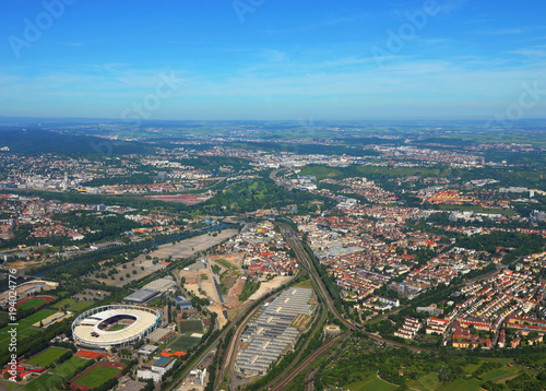 Stuttgart - June 11, 2017: Closer Aerial view of Stuttgart area and soccer stadium, south germany on a sunny summer day © Mirjam Claus