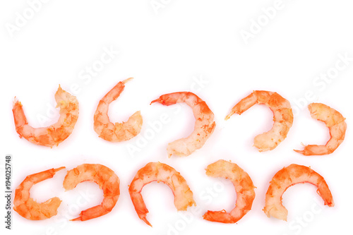 Red cooked prawn or shrimp isolated on white background with copy space for your text. Top view. Flat lay