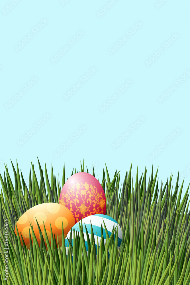 Fototapeta premium Easter eggs lie in green grass. Realistic 3d, colored with a lacy pattern. For congratulations and banners. The vector illustration.