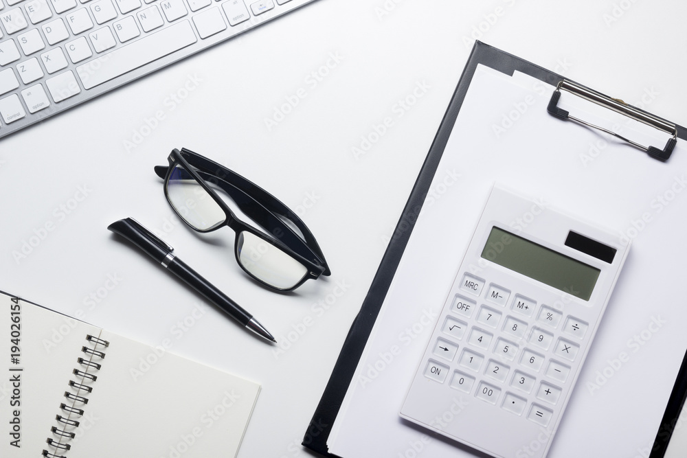 Office desk table with supplies. Flat lay Business workplace and objects. Top view. Copy space for text Office desk table with supplies. Flat lay Business workplace and objects. Top view. Copy space for text
