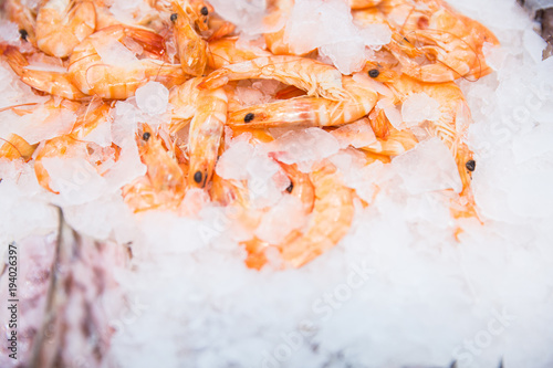 Shrimp in ice on blur background , Prawns on Ice on fishermen market store shop