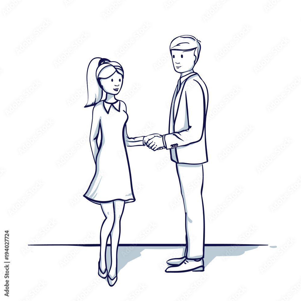 Young business people: a man and a woman are shaking hands. Handshake. Hand drawn doodle cartoon vector illustration..