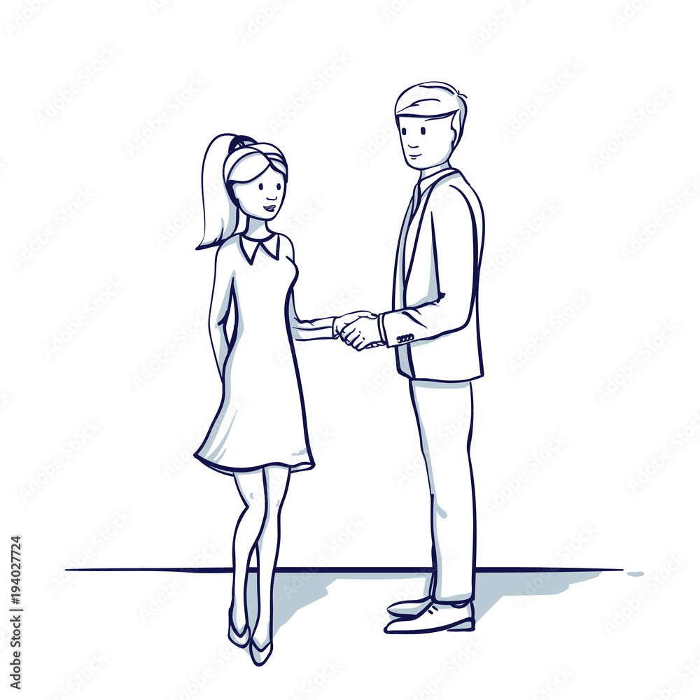 Young business people: a man and a woman are shaking hands. Handshake ...